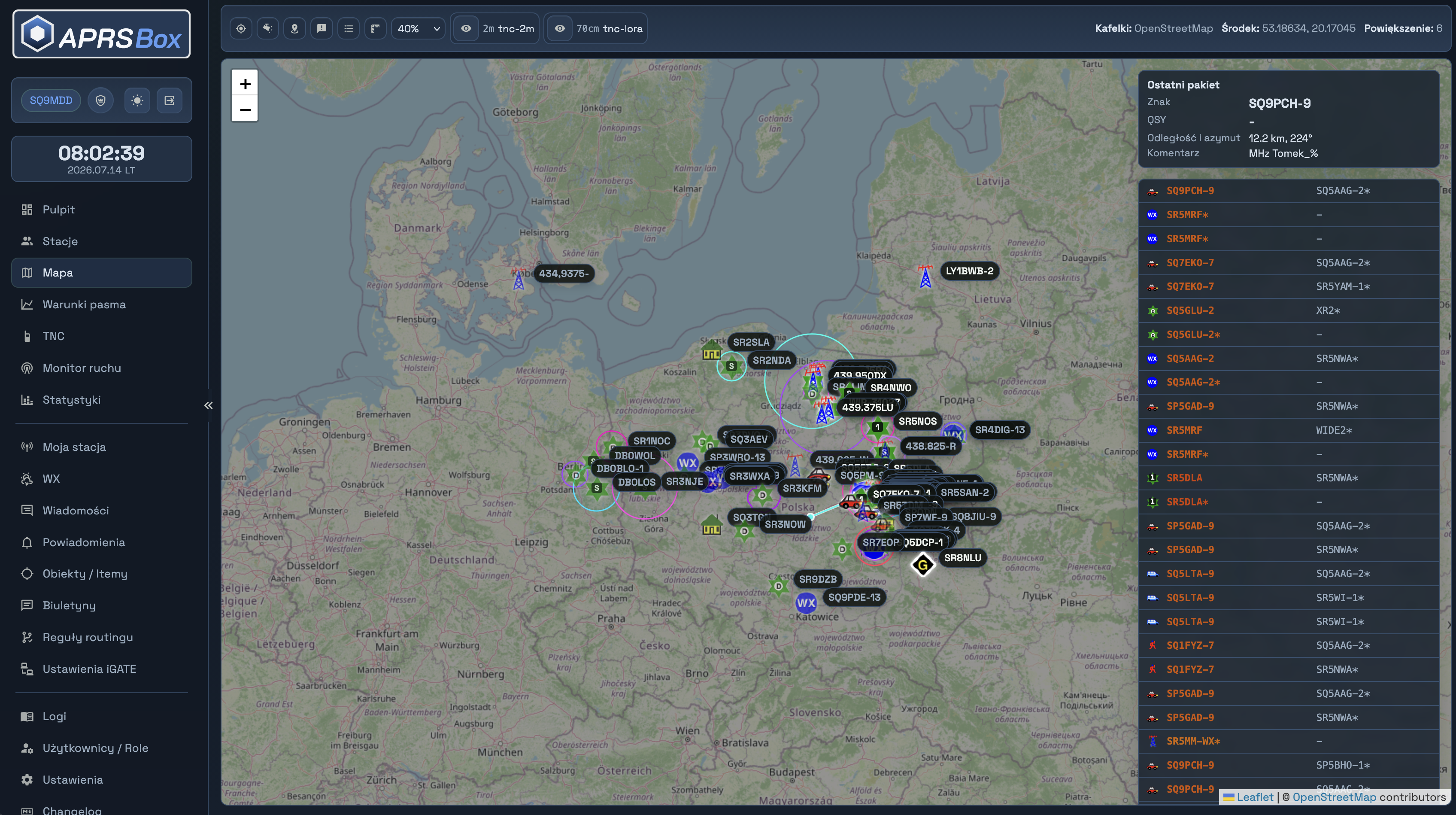 Mapa stacji APRS w interfejsie APRSBox